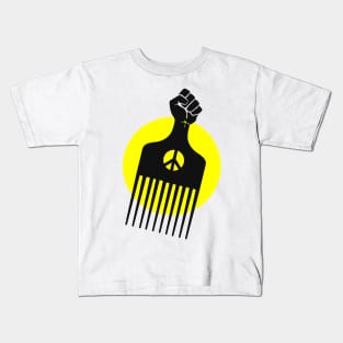 Black Fist Afro Pick, yellow sun Kids T-Shirt